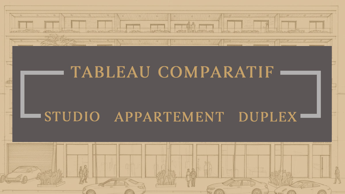 Comparaison Studio - Appartement - Duplex Rimal Immobilier Marrakech Comparaison<br />
Studio - Appartement - Duplex<br />
Rimal Immobilier Marrakech